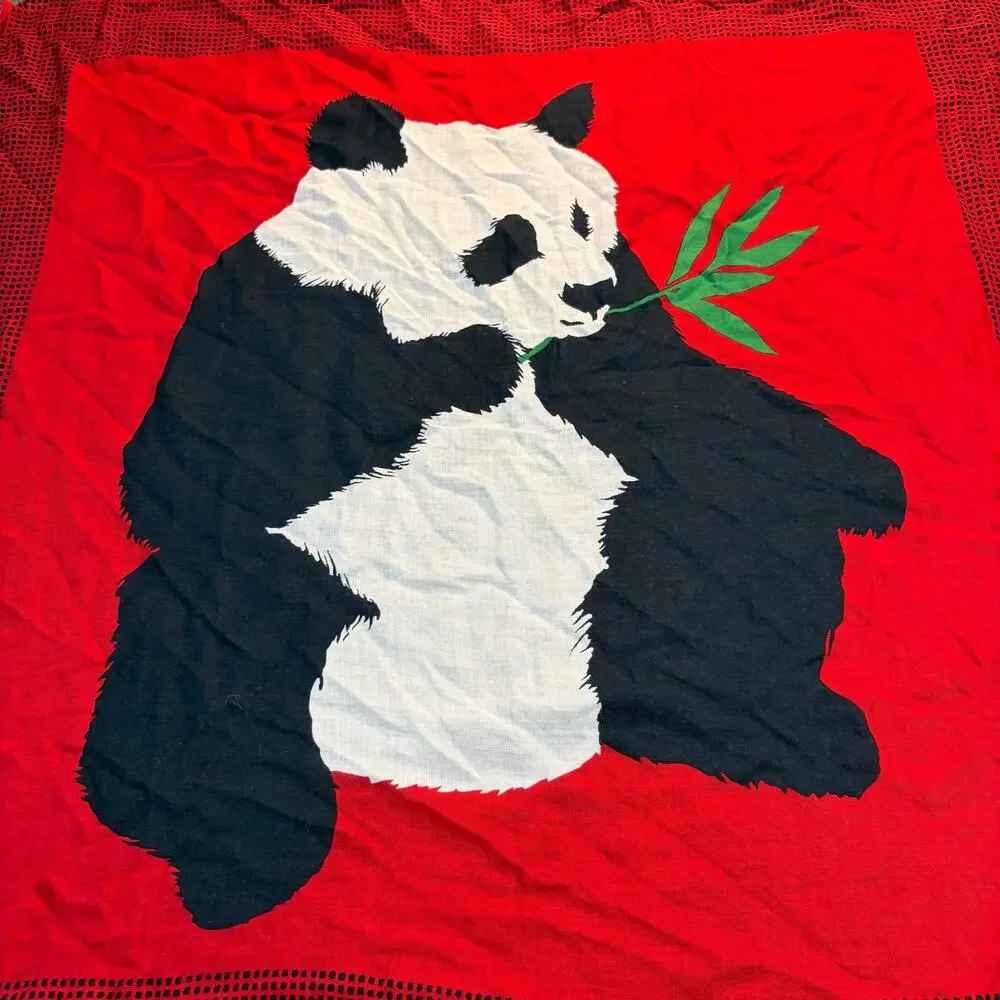 Vintage 70s Vera Neumann Red Black Panda Bear Print Square Scarf Rayon Novelty